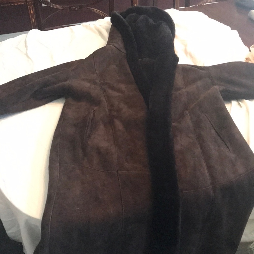 Sheepskin custom made long coat with hood